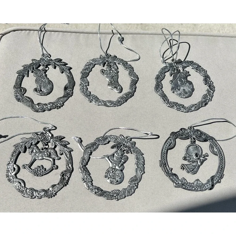 Vtg Pewter Christmas Ornaments 6 Round Cat Horse Angel Snowman Stocking Santa‎